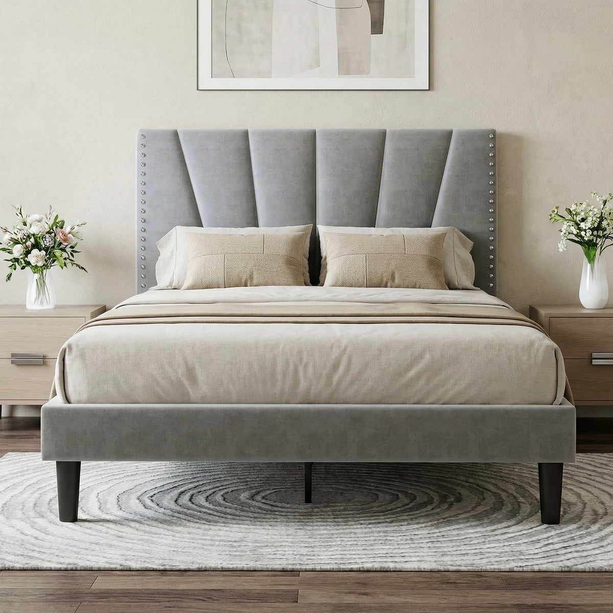 Velvet Platform Bed Frame with Nailhead Trim Headboard