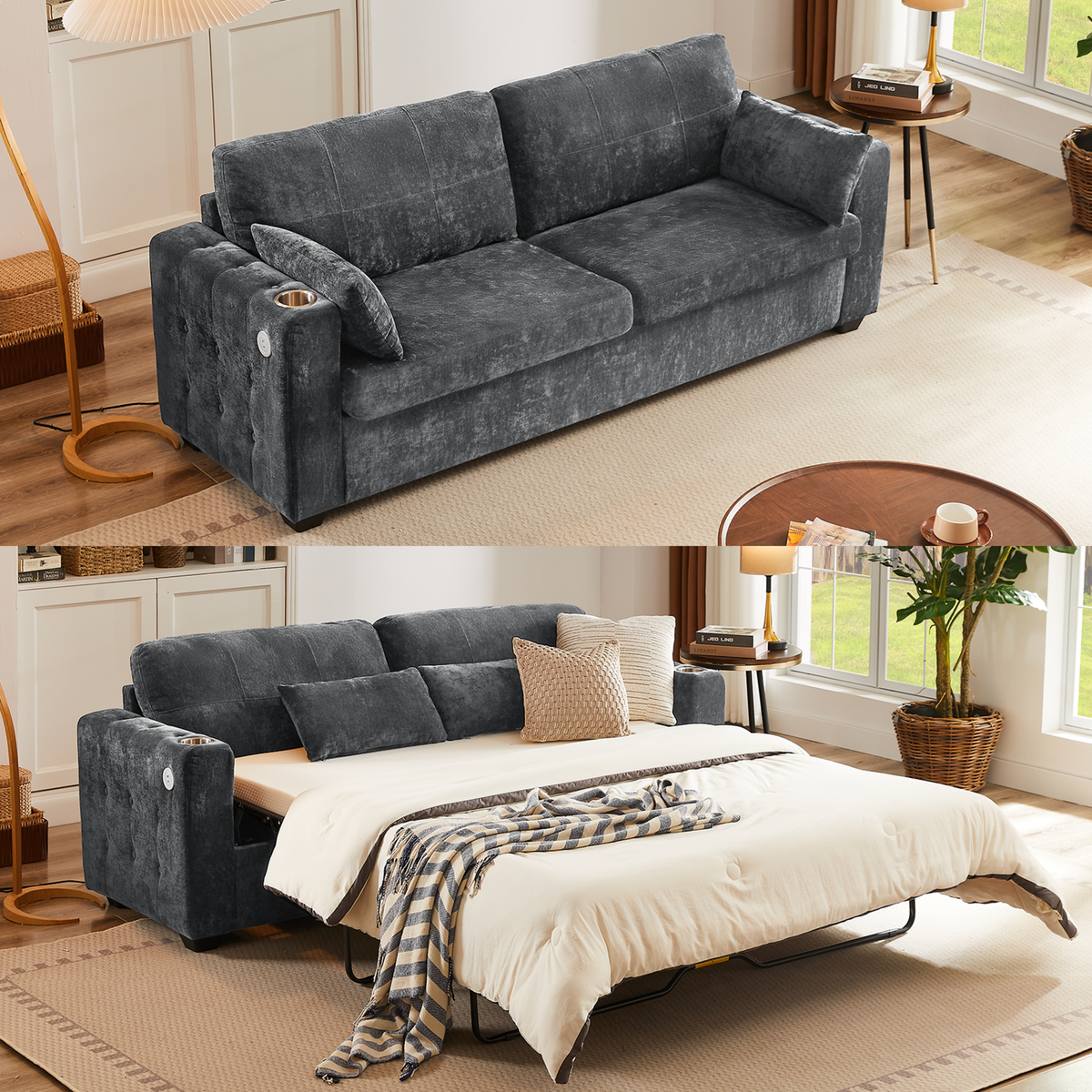 83-Inch Queen Pull-Out Sofa Bed with Memory Foam Mattress