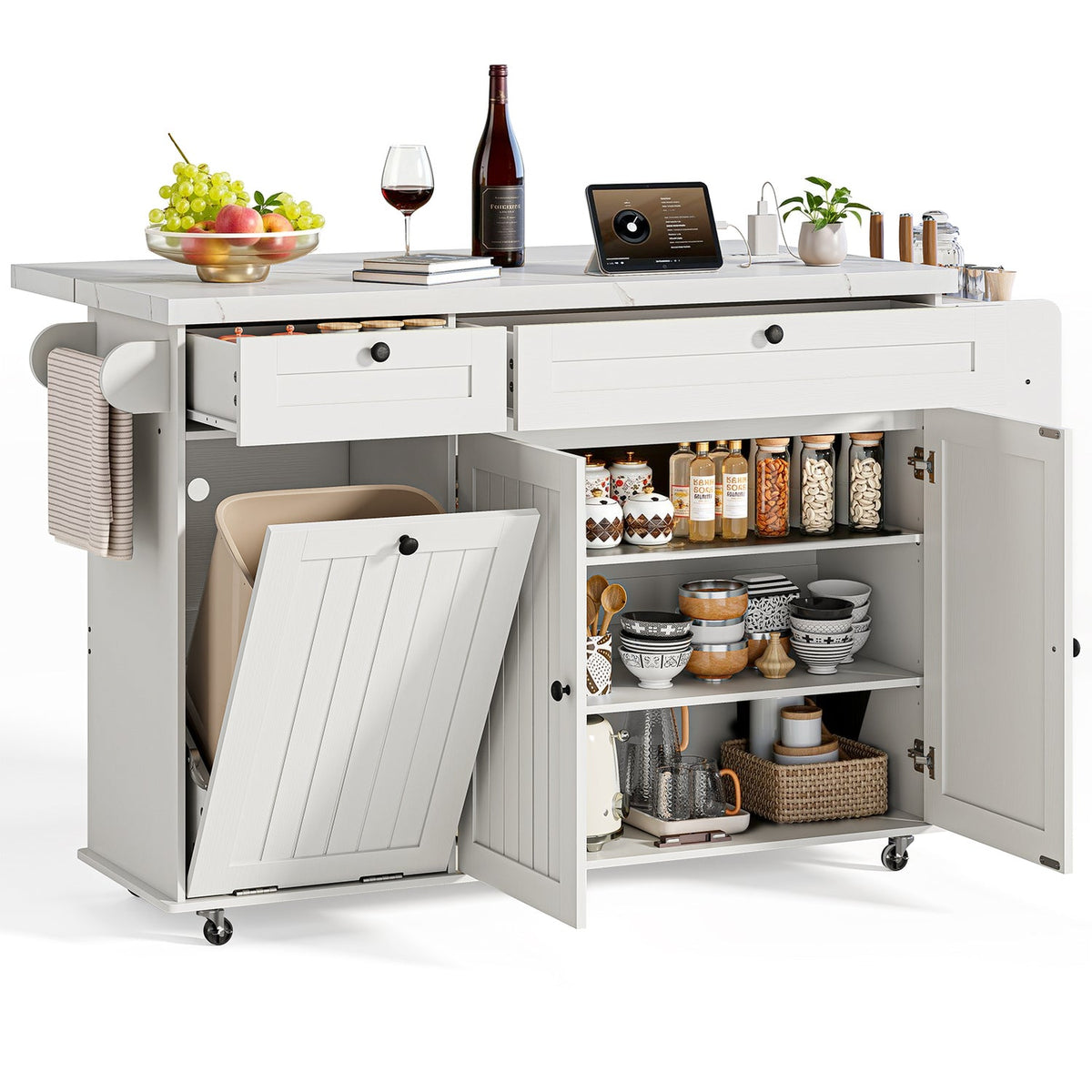 Kitchen Island Cart with Trash Can Storage on Wheels