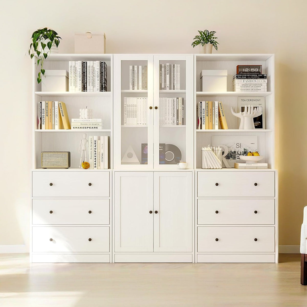3-Piece Bookcase Set with Drawers and Glass Doors