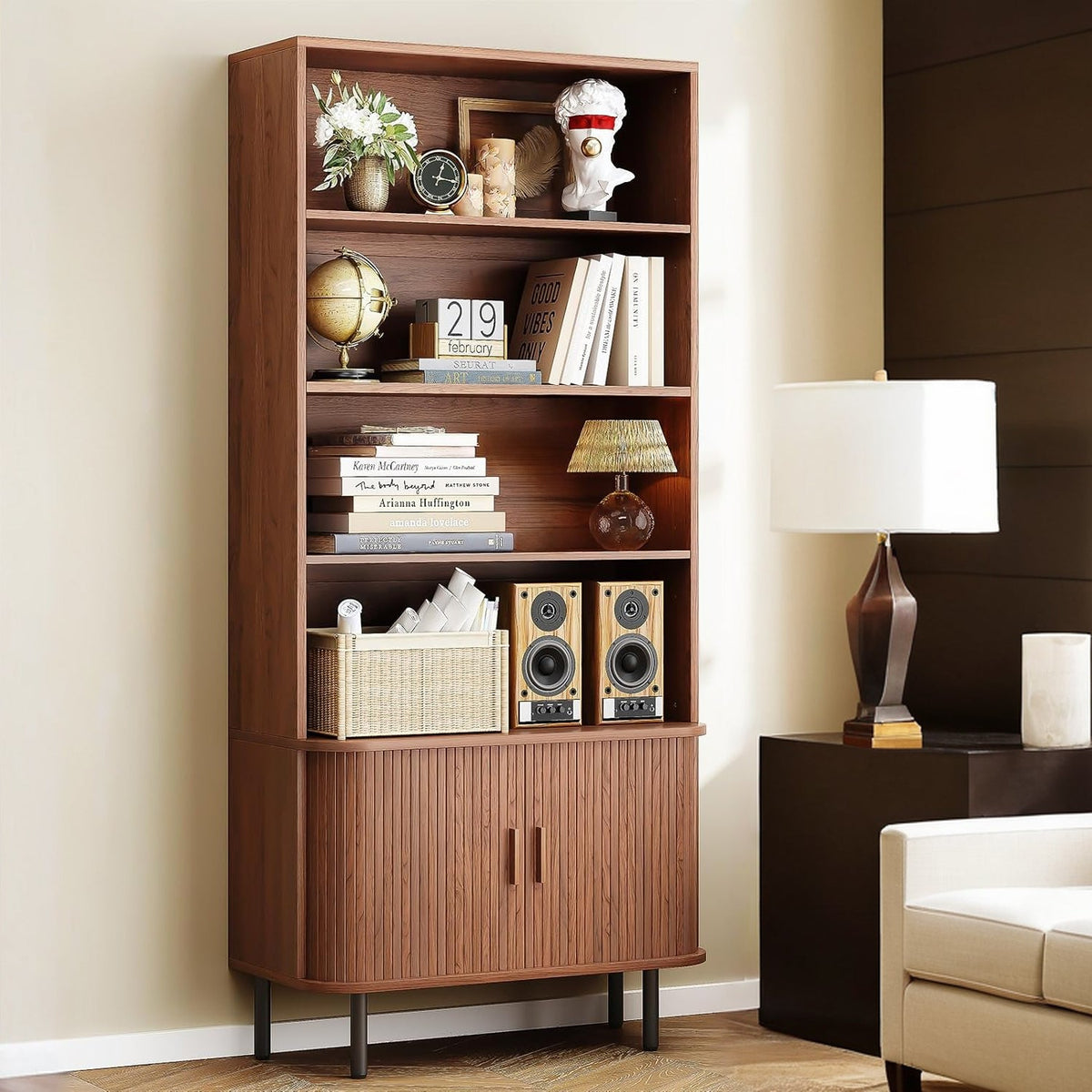71 Inch 4-Tier Tall Bookcase with Sliding Door Cabinet