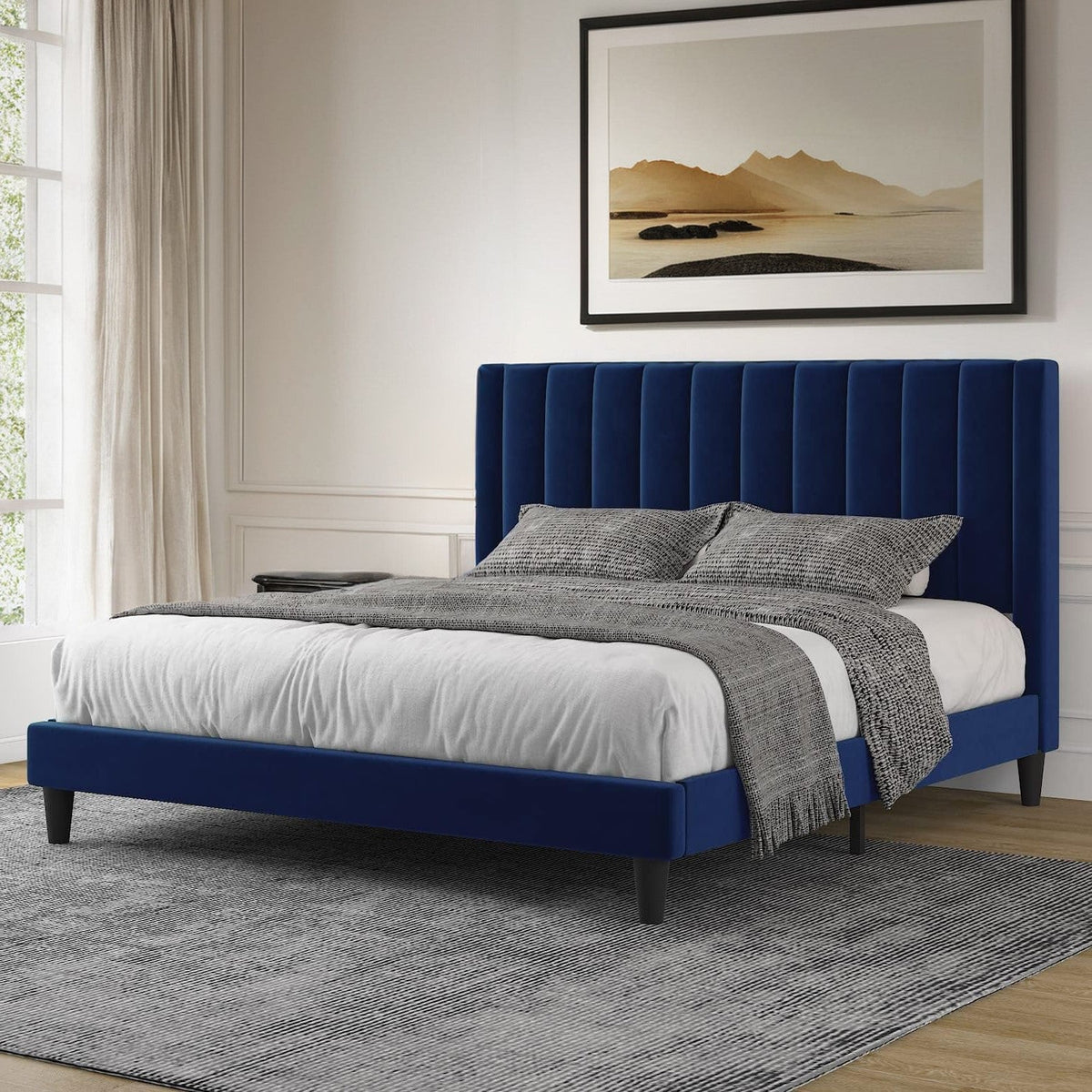 Velvet Upholstered Bed Frame with Tufted Headboard