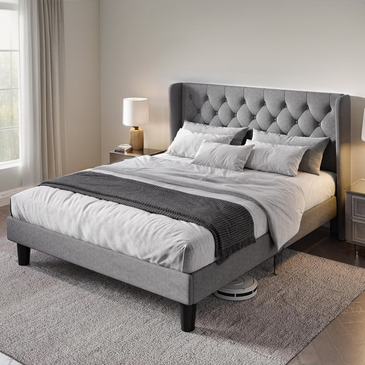 Upholstered Platform Bed with Tufted Wingback Headboard
