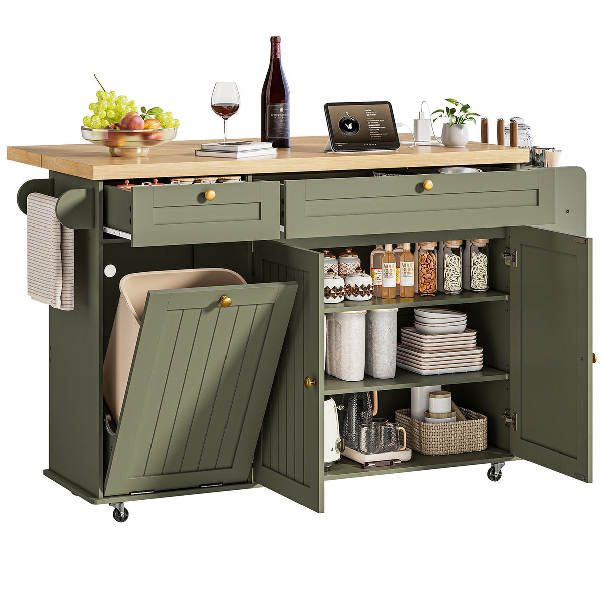 Kitchen Island Cart with Trash Can Storage on Wheels