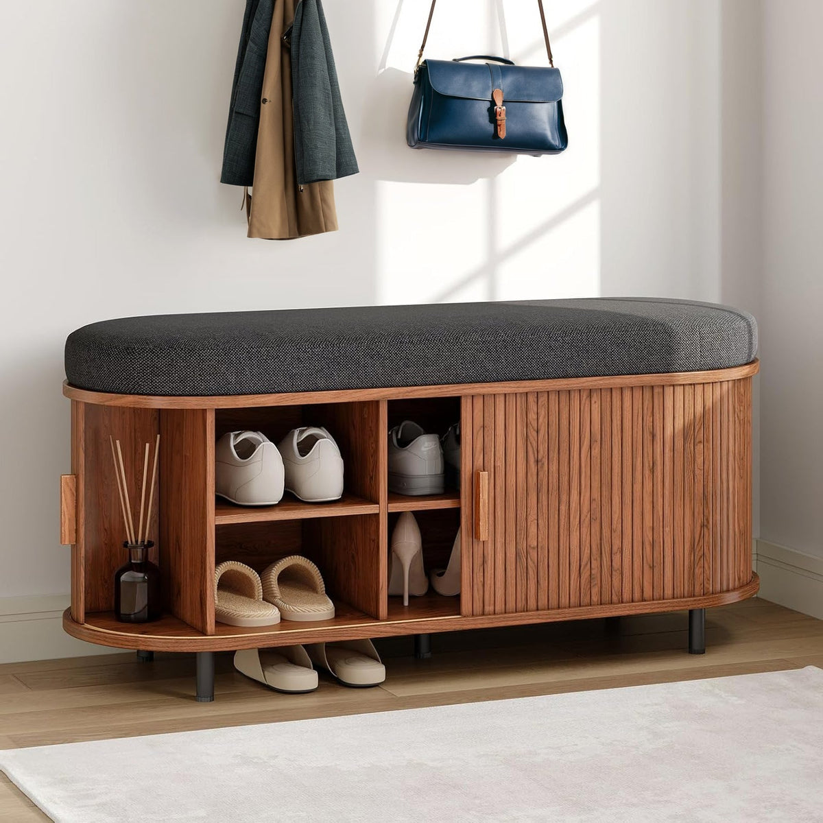 43-Inch Shoe Storage Bench with Cushion and Sliding Door