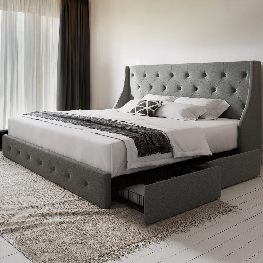 Wingback Storage Bed Frame with 4 Drawers, Tufted