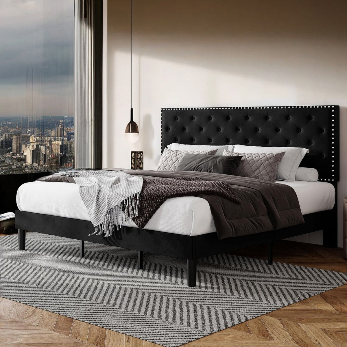 Velvet Upholstered Bed Frame, Button Tufted Headboard