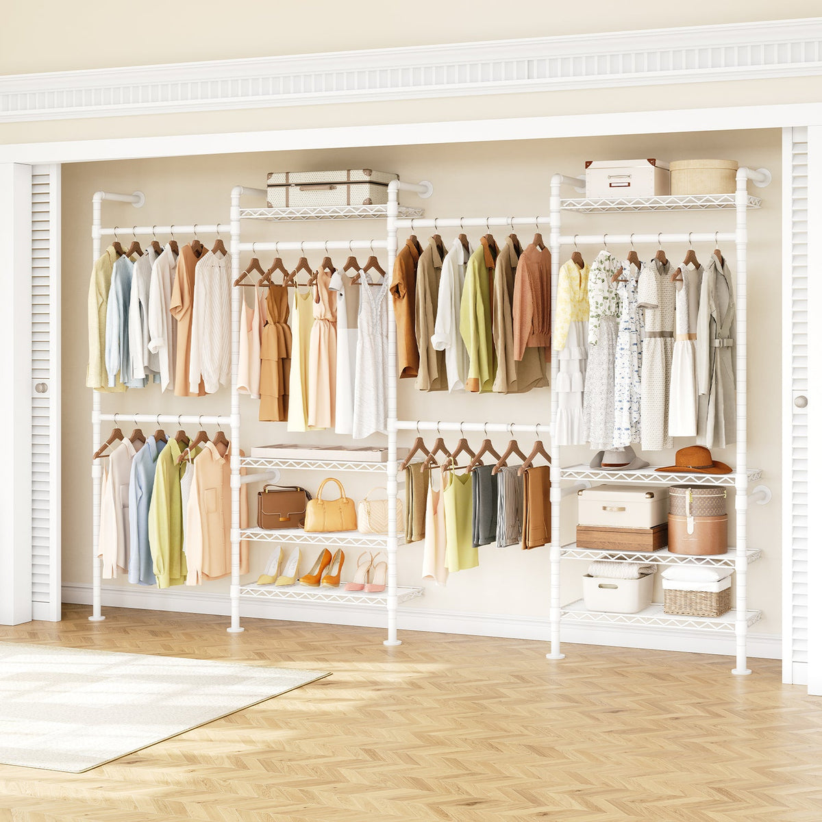 Wall Mounted Closet System with 4 Rods and 8 Shelves