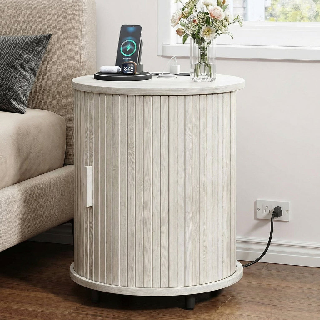 Round Nightstand Side Table with Sliding Tambour Door