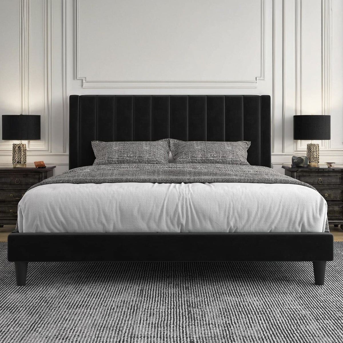 Velvet Upholstered Bed Frame with Tufted Headboard