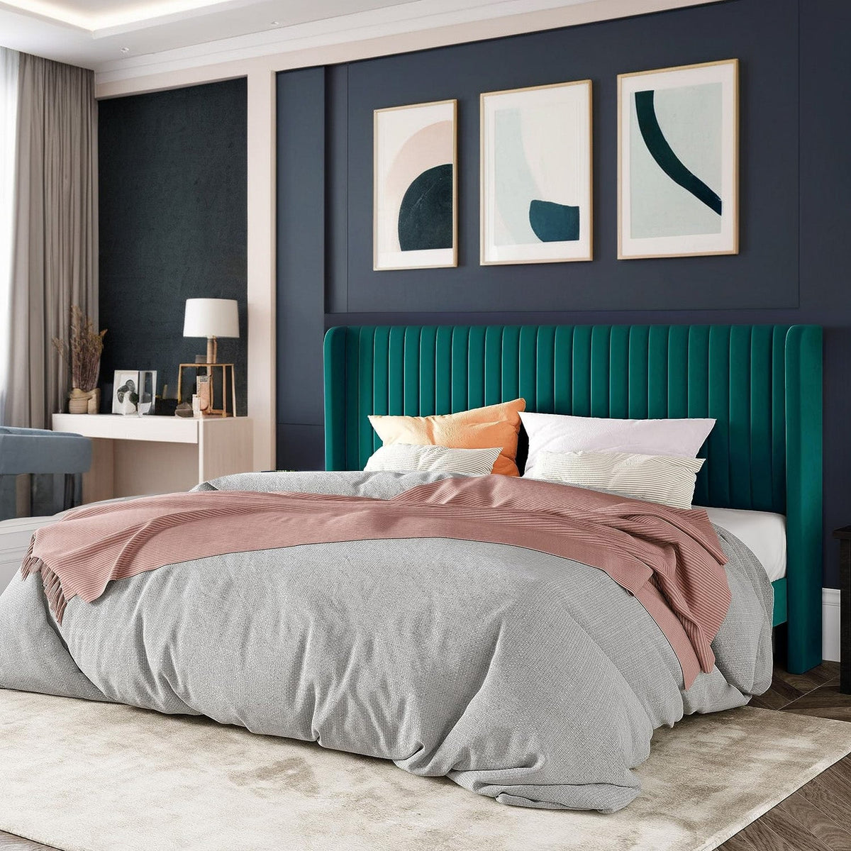 Velvet Platform Bed Frame with Tufted Headboard