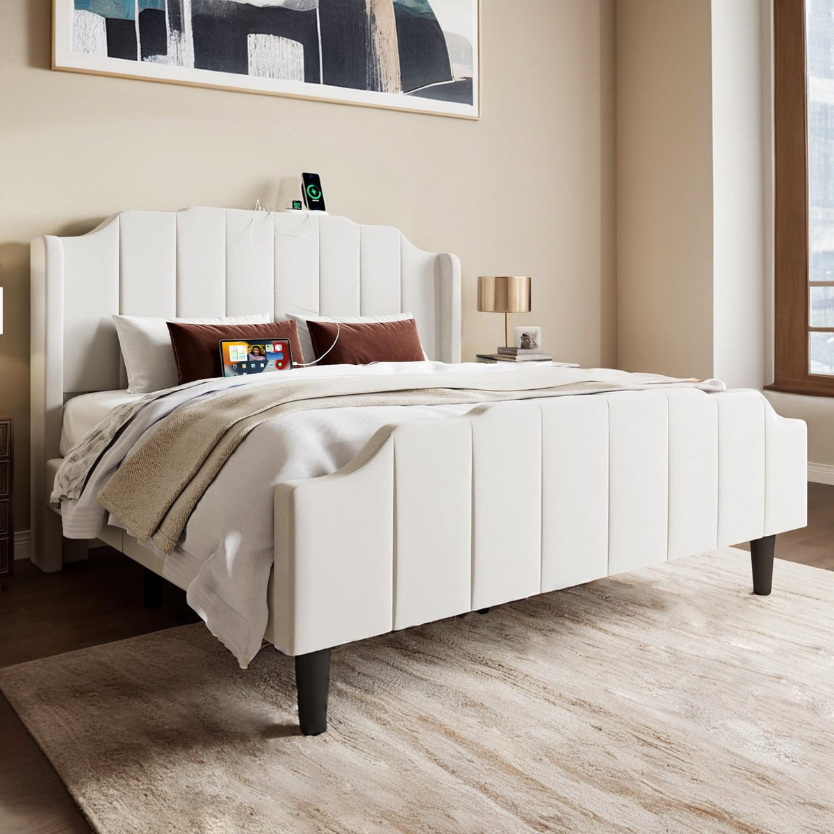 Velvet Curved Tufted Bed with Charging Station Storage