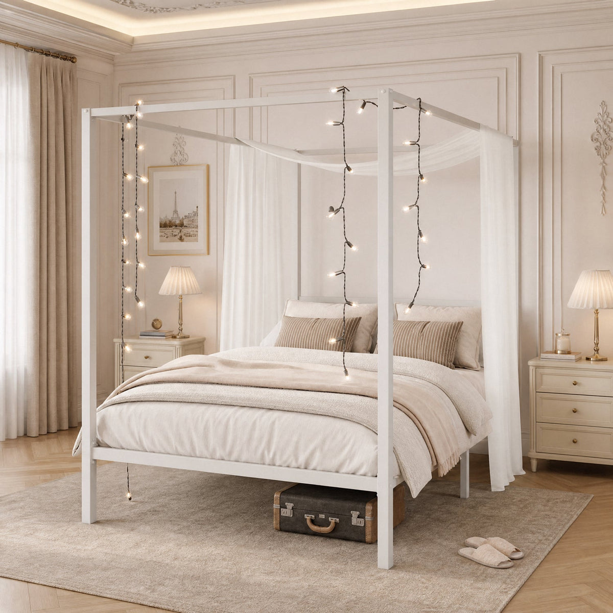 Canopy Bed Frame with Heavy-Duty Metal Slats