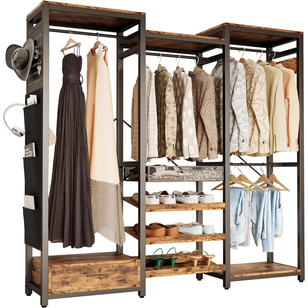 Garment Rack with Hanging Rods, Shelves and Drawer