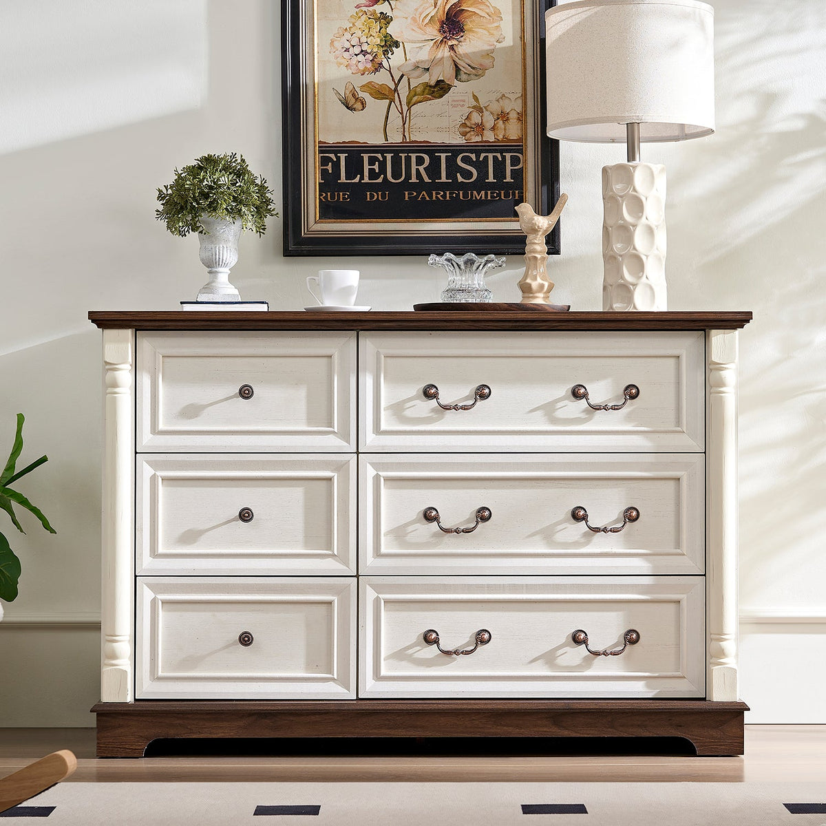 6-Drawer Farmhouse Dresser with Rustic Wooden Base