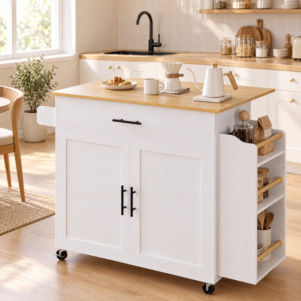 Rolling Kitchen Island with Drop Leaf and Outlet