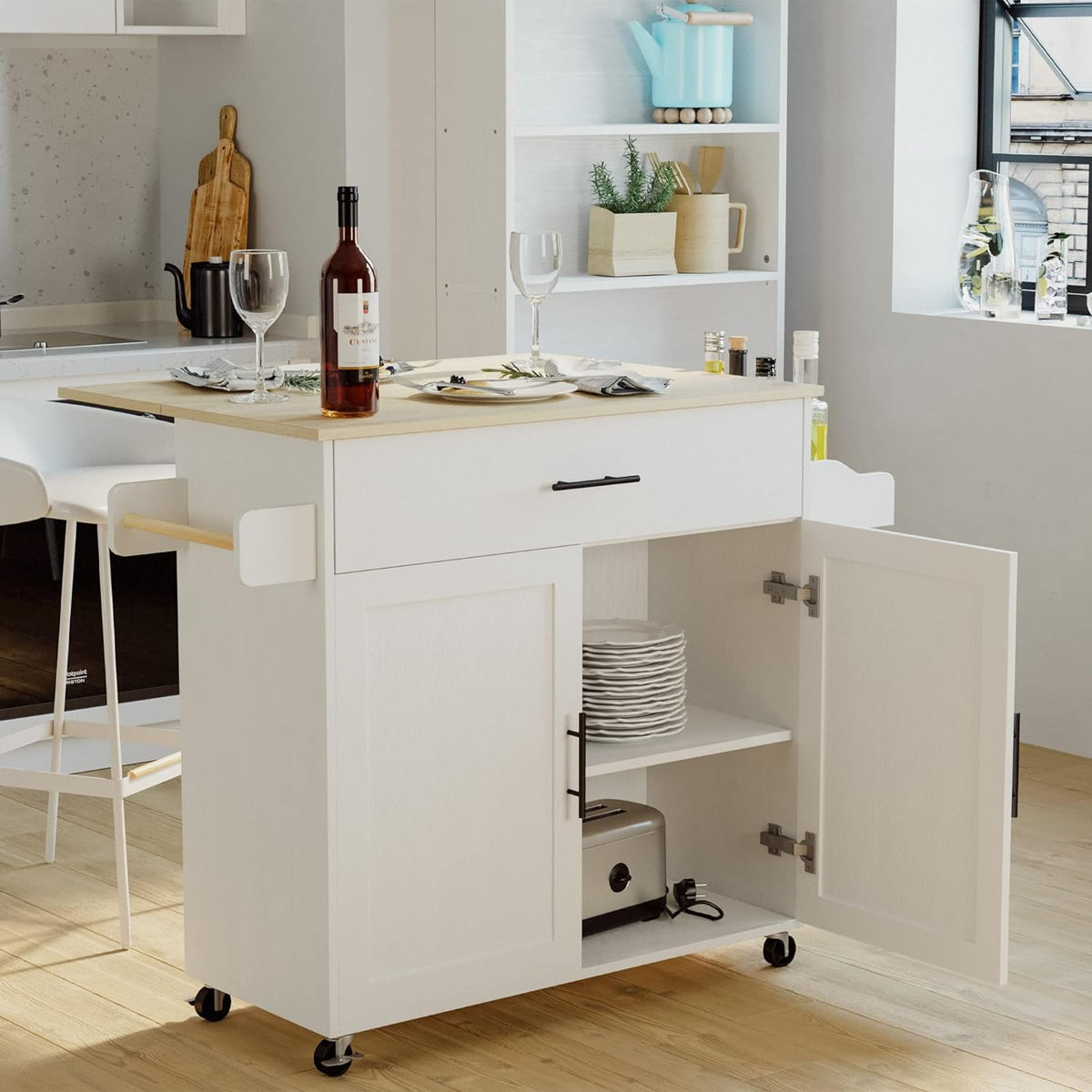 Rolling Kitchen Island with Drop Leaf and Towel Rack