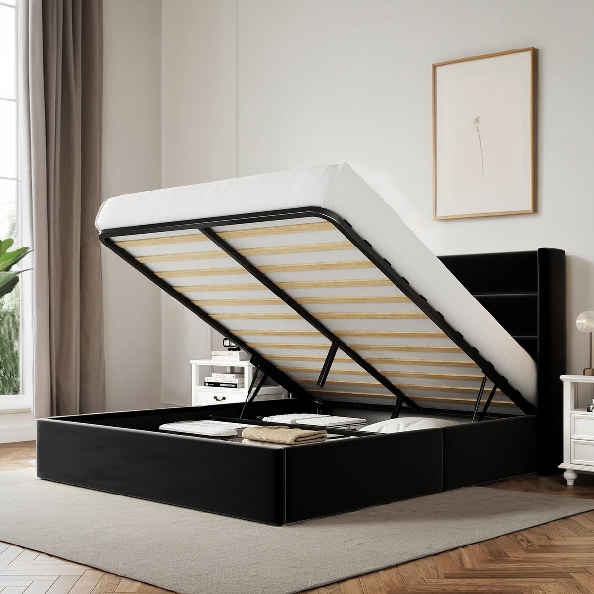 Velvet Lift-Up Storage Bed with Wingback Headboard