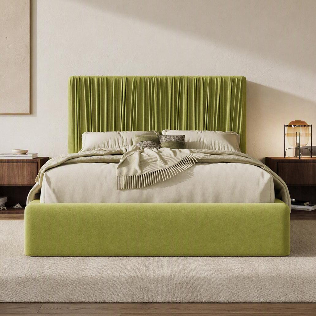 Velvet Floor Platform Bed with Pleated Headboard