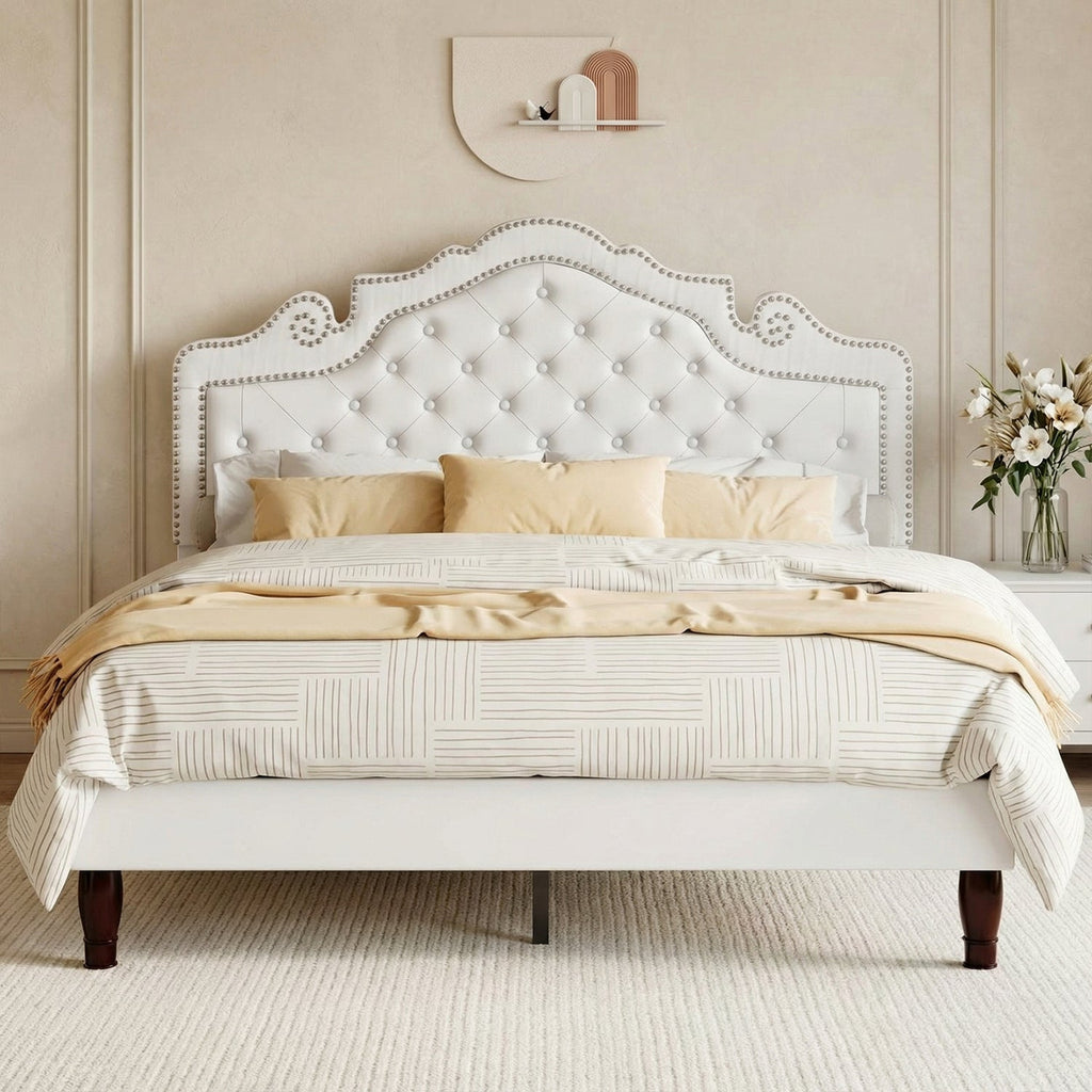 Button Tufted Velvet Platform Bed, Adjustable Headboard