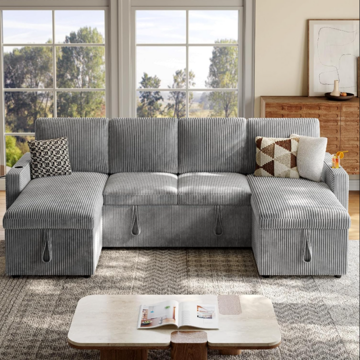 101 Inch U-Shaped Sleeper Sofa with Pull-Out Bed