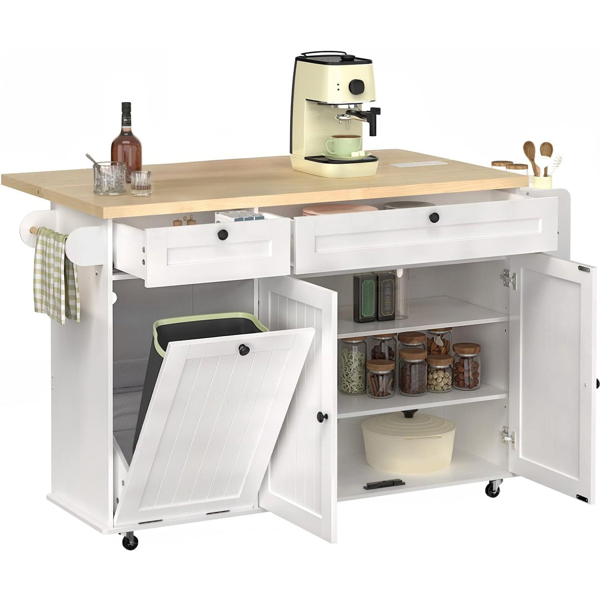 Kitchen Island Cart with Trash Can Storage on Wheels