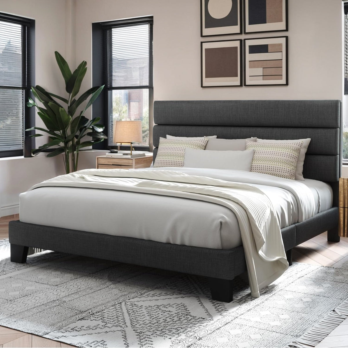 Platform Bed Frame with Upholstered Headboard, No Springs