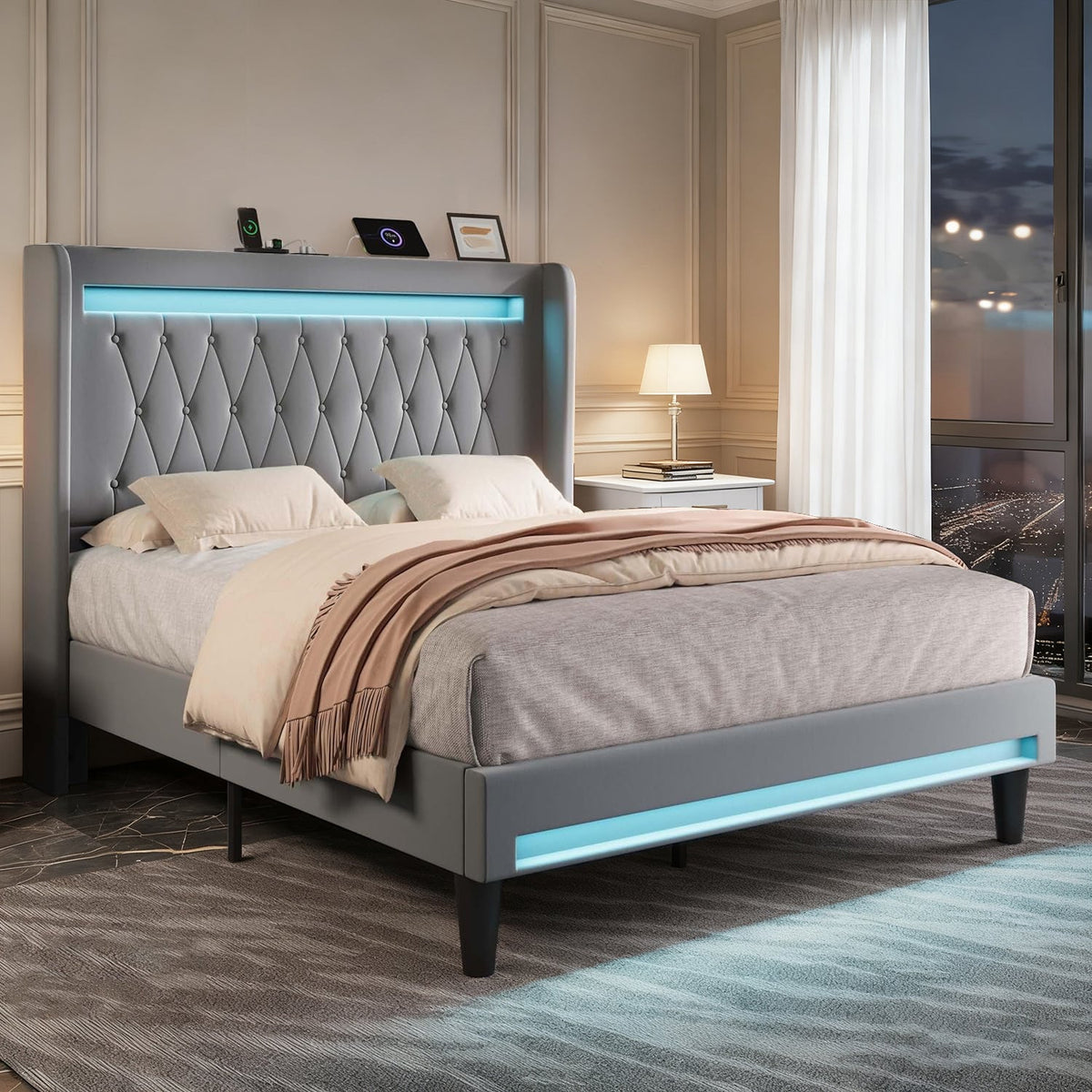 LED Velvet Platform Bed with Charging Station