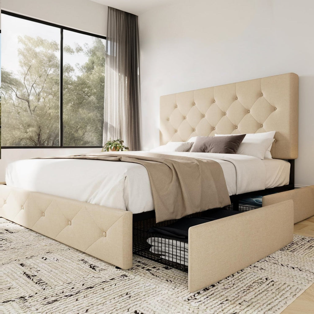 Upholstered Bed Frame with 4 Drawers and Headboard