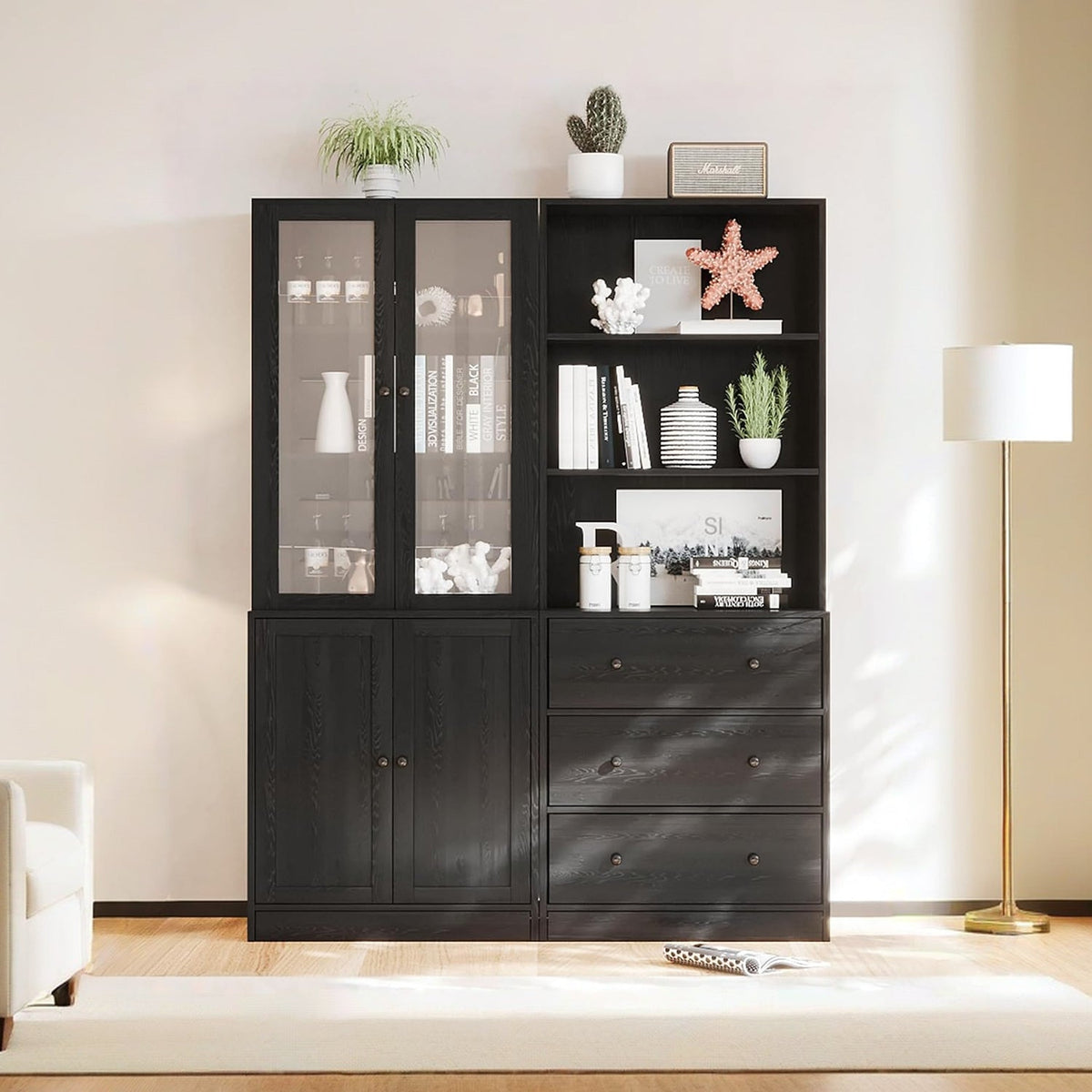 2-Piece 71" Bookcase Set with Glass Door Cabinet