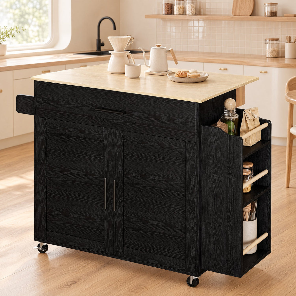 Rolling Kitchen Island with Drop Leaf and Outlet