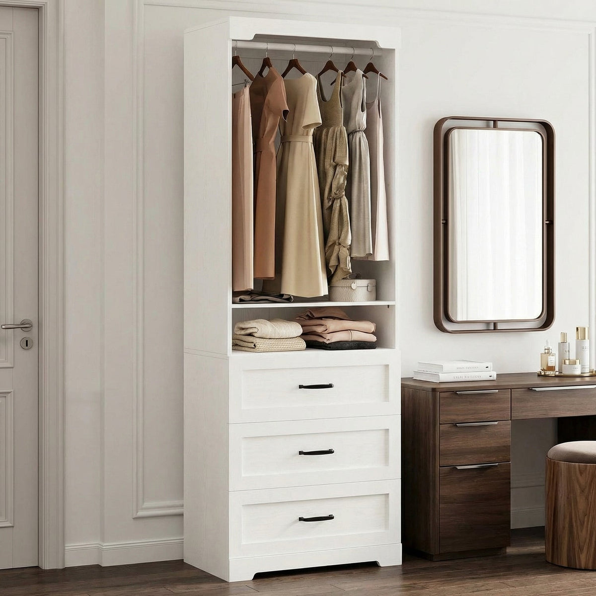 Freestanding Closet System with 3 Drawers and Rod