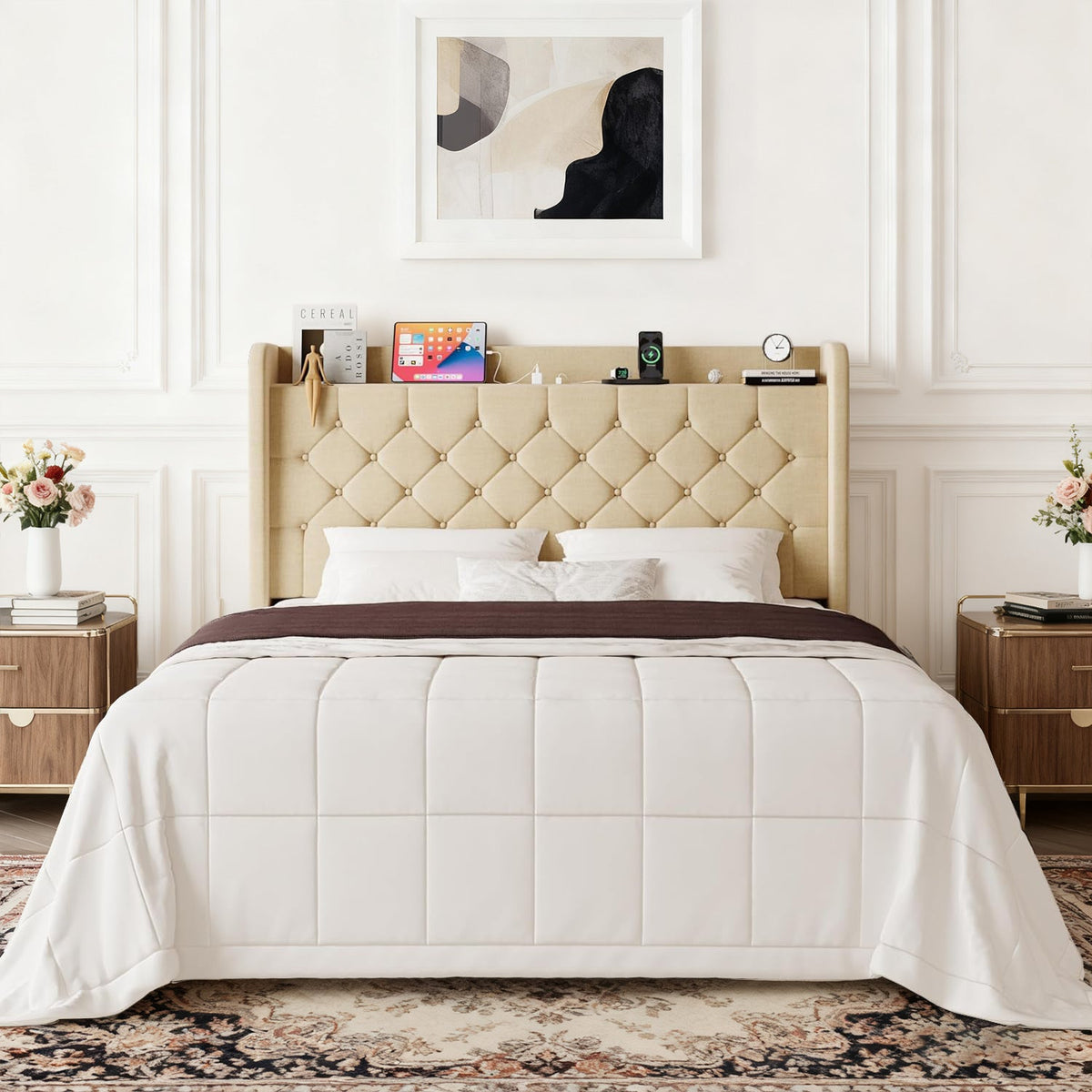Wingback Linen Bed Frame with Storage Headboard