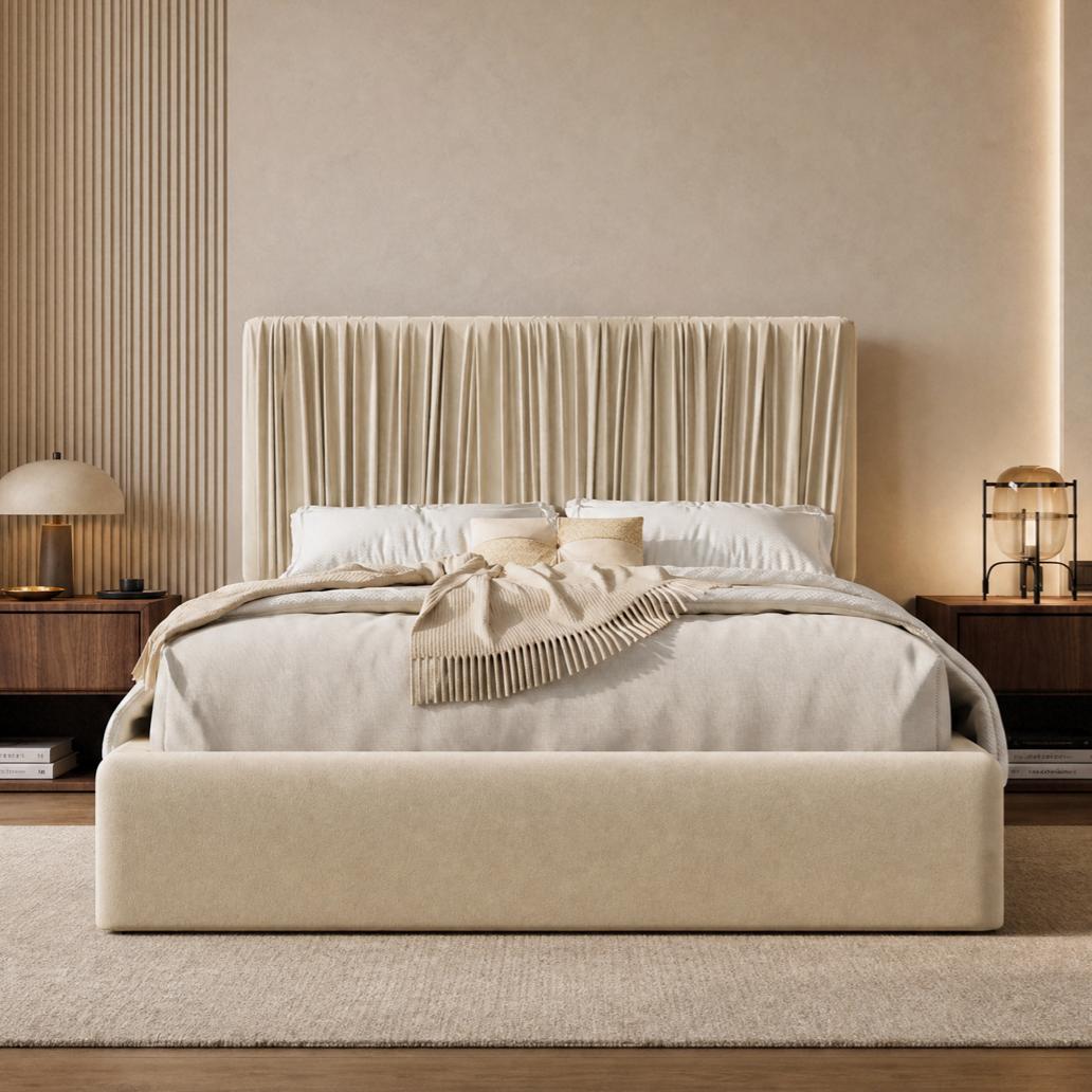 Velvet Floor Platform Bed with Pleated Headboard