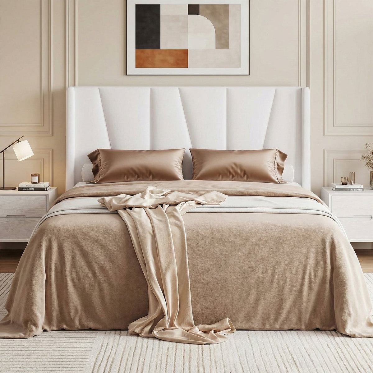 Velvet Platform Bed with Geometric Wingback Headboard