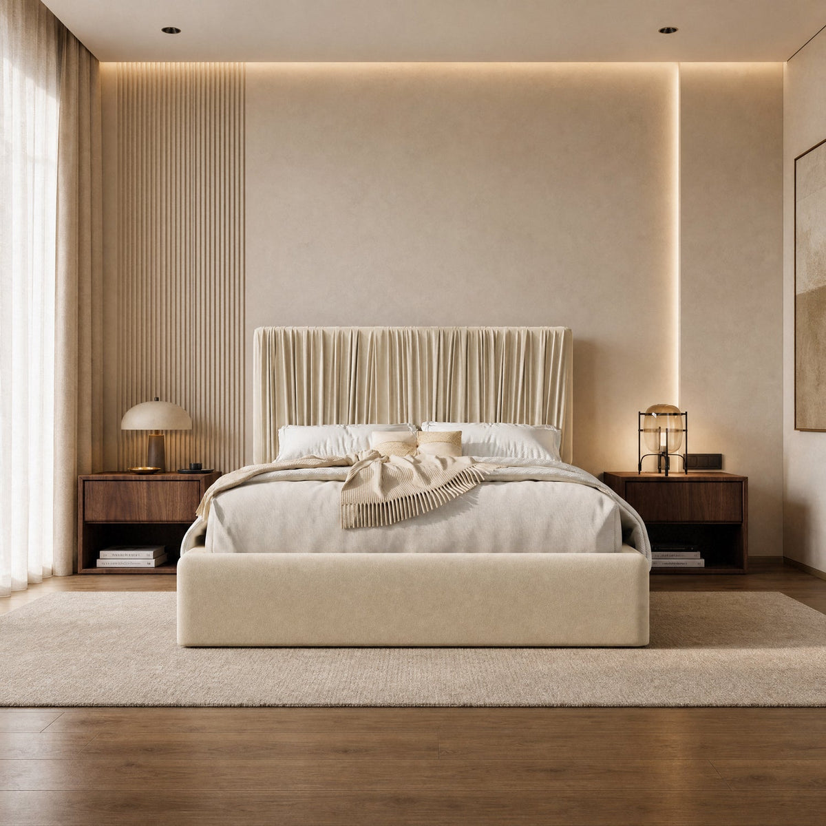 Velvet Floor Platform Bed with Pleated Headboard