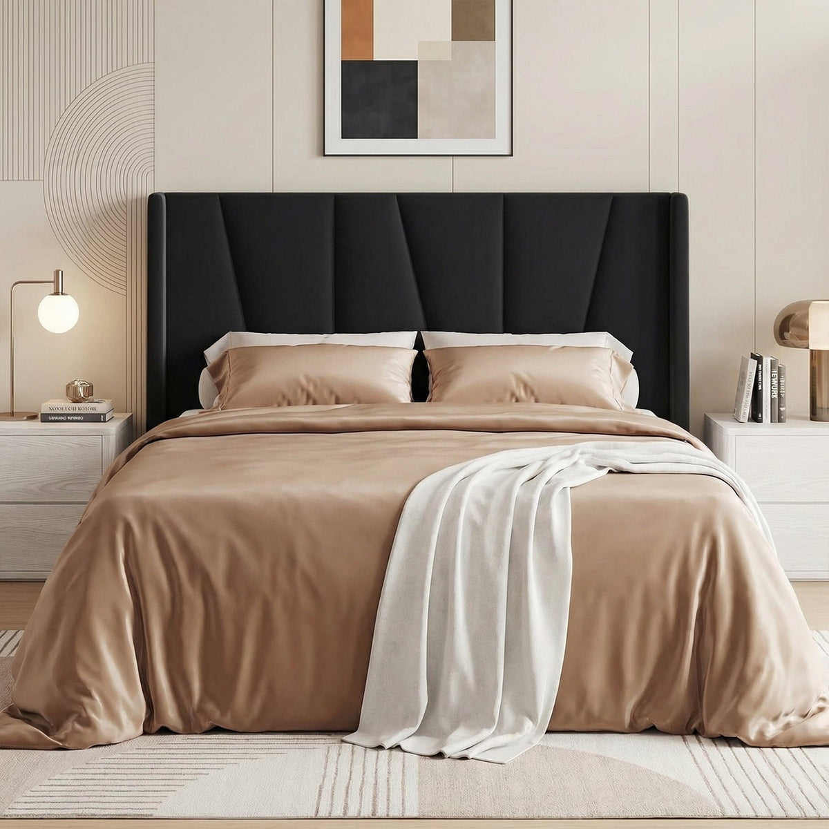 Velvet Platform Bed with Geometric Wingback Headboard