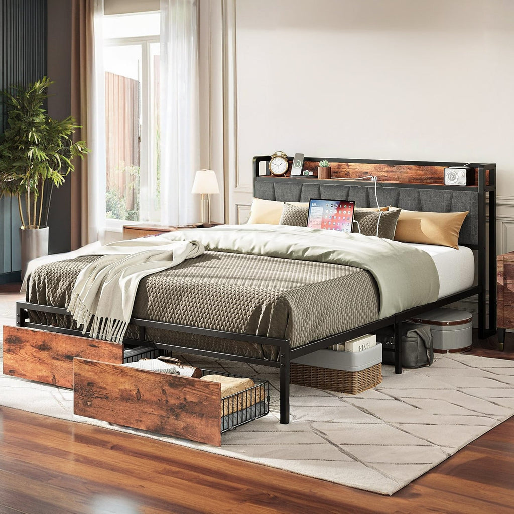 Platform Bed with Storage Headboard and Charging Station