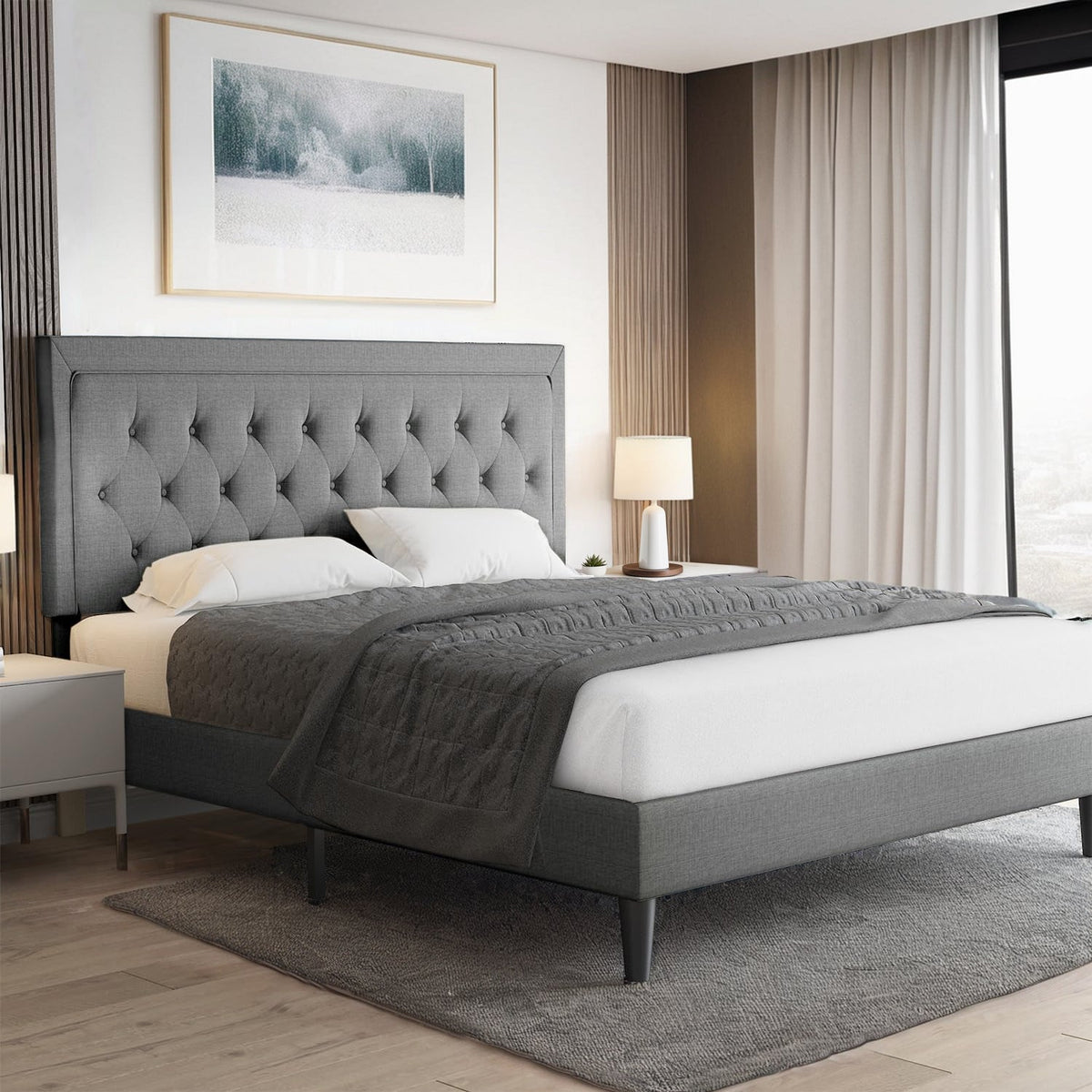 Upholstered Bed Frame with Adjustable Headboard