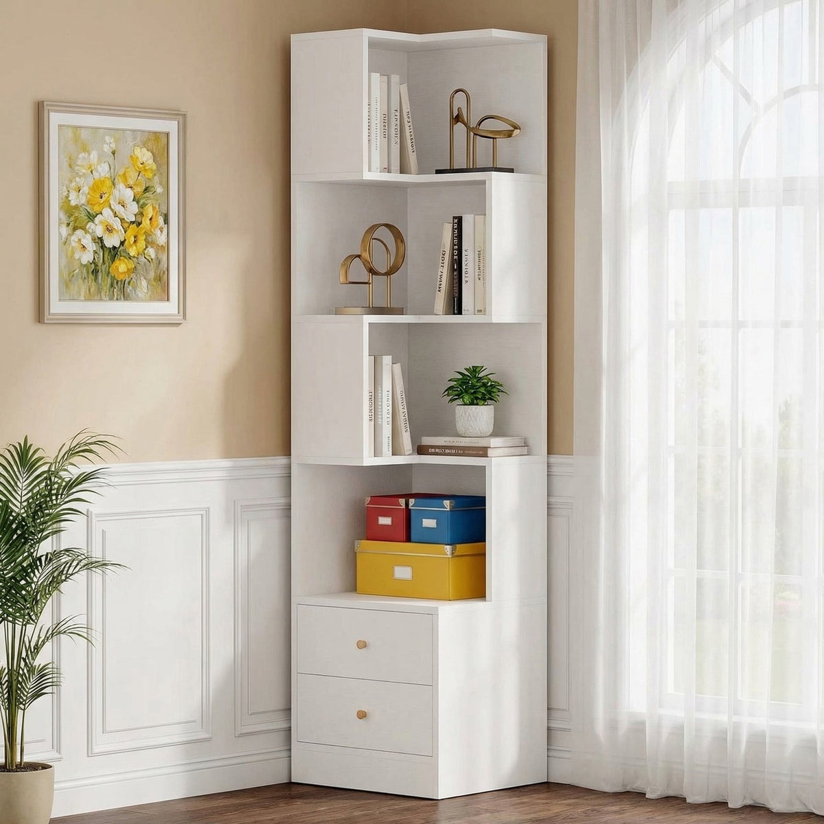 70.87 Inch Tall Corner Bookshelf with Drawers