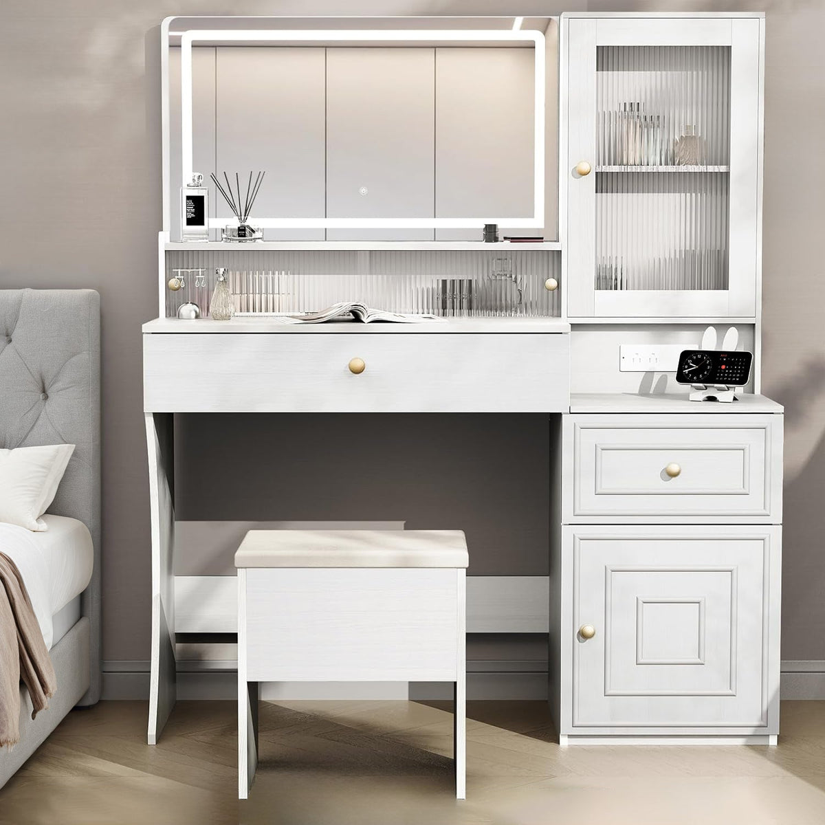 Vanity Table Set with LED Mirror, Drawers and Stool