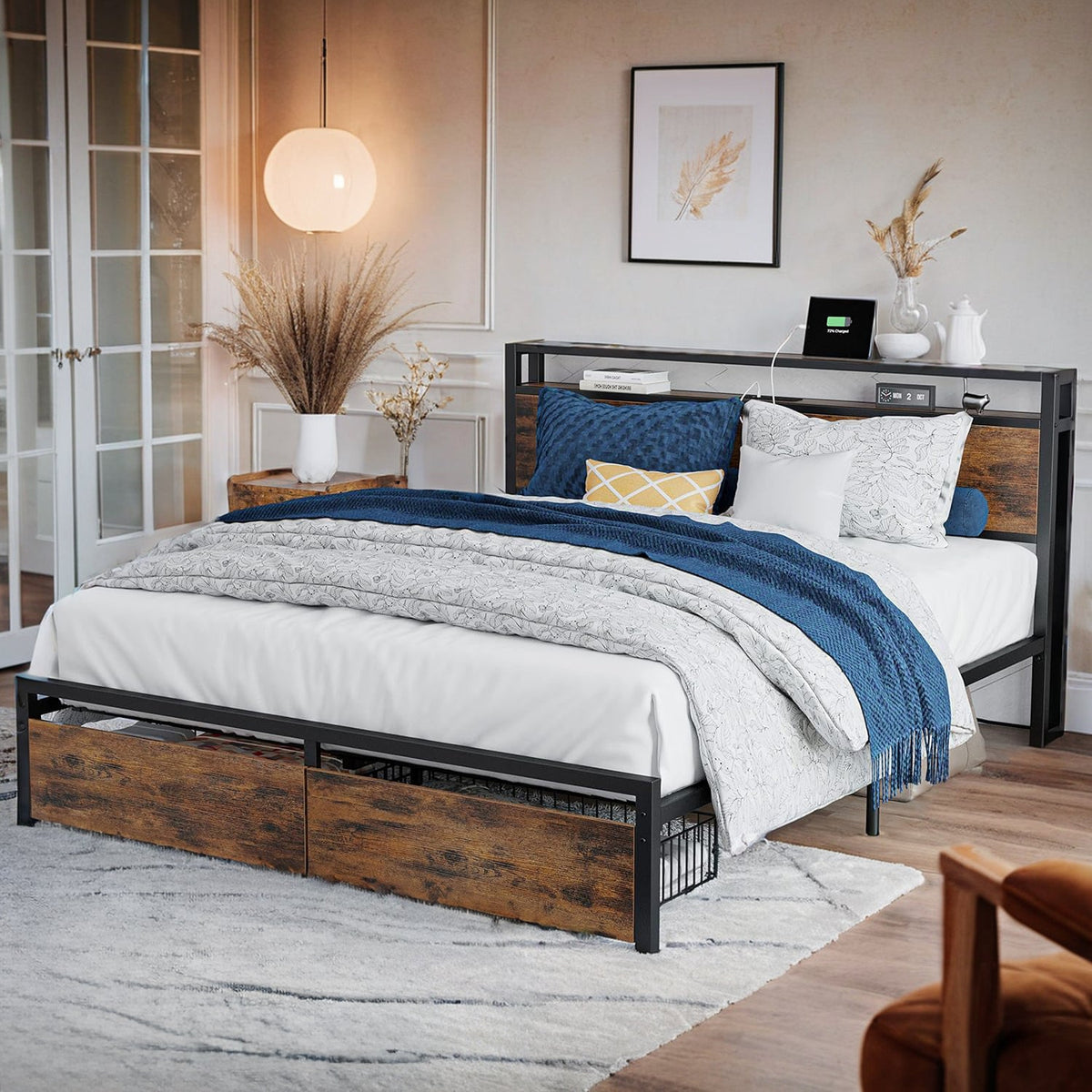 Storage Headboard Bed Frame with Charging Station