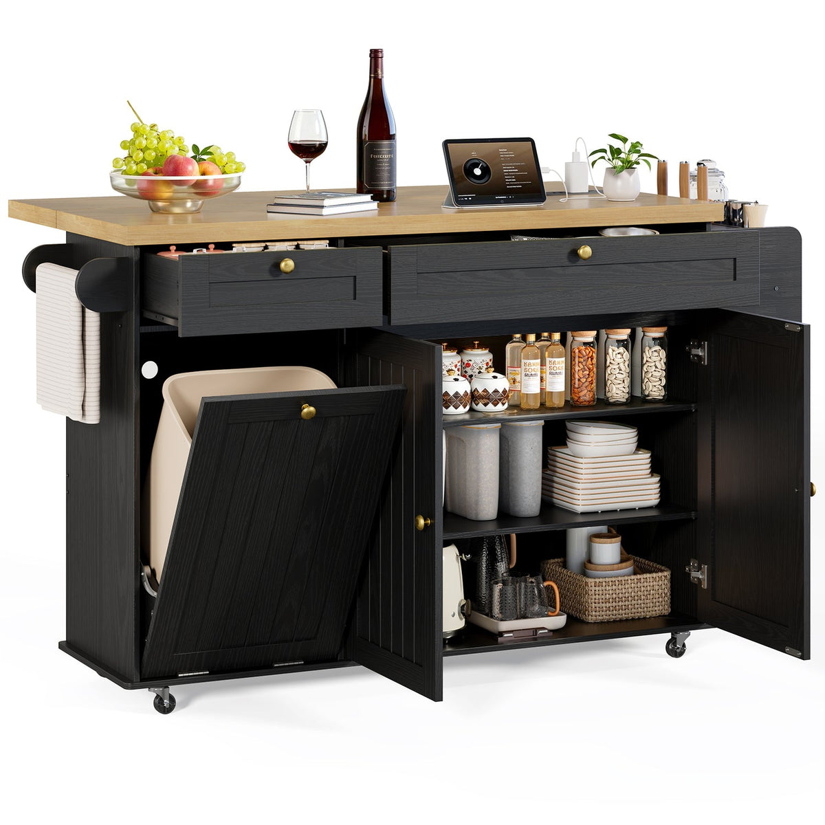Kitchen Island Cart with Trash Can Storage on Wheels