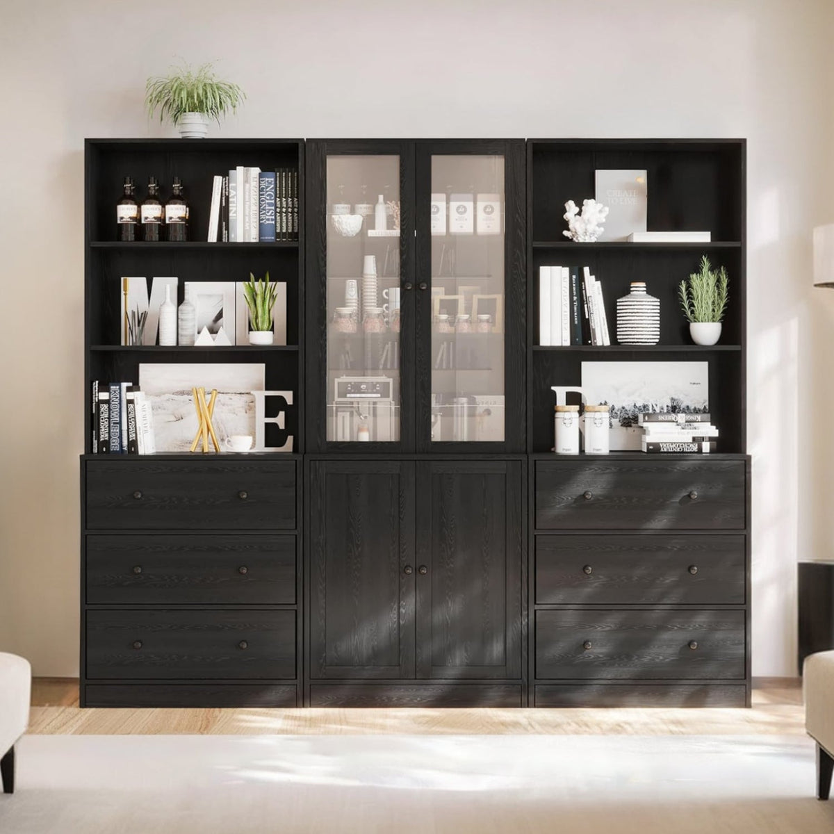3-Piece Bookcase Set with Drawers and Glass Doors