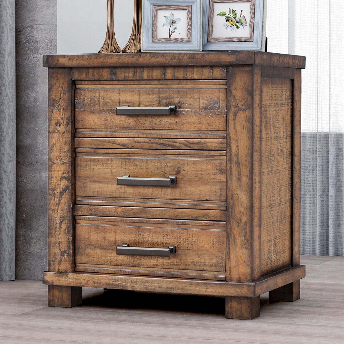 Rustic Farmhouse 3-Drawer Nightstand, Reclaimed Wood
