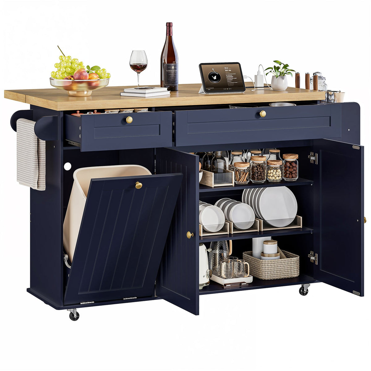 Kitchen Island Cart with Trash Can Storage on Wheels