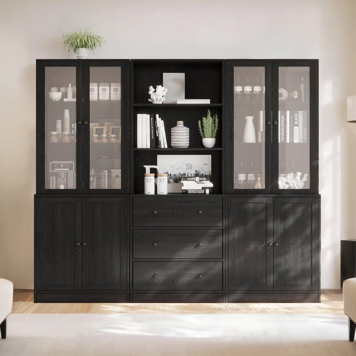 3-Piece 71" Bookcase Set with Glass Door Cabinets
