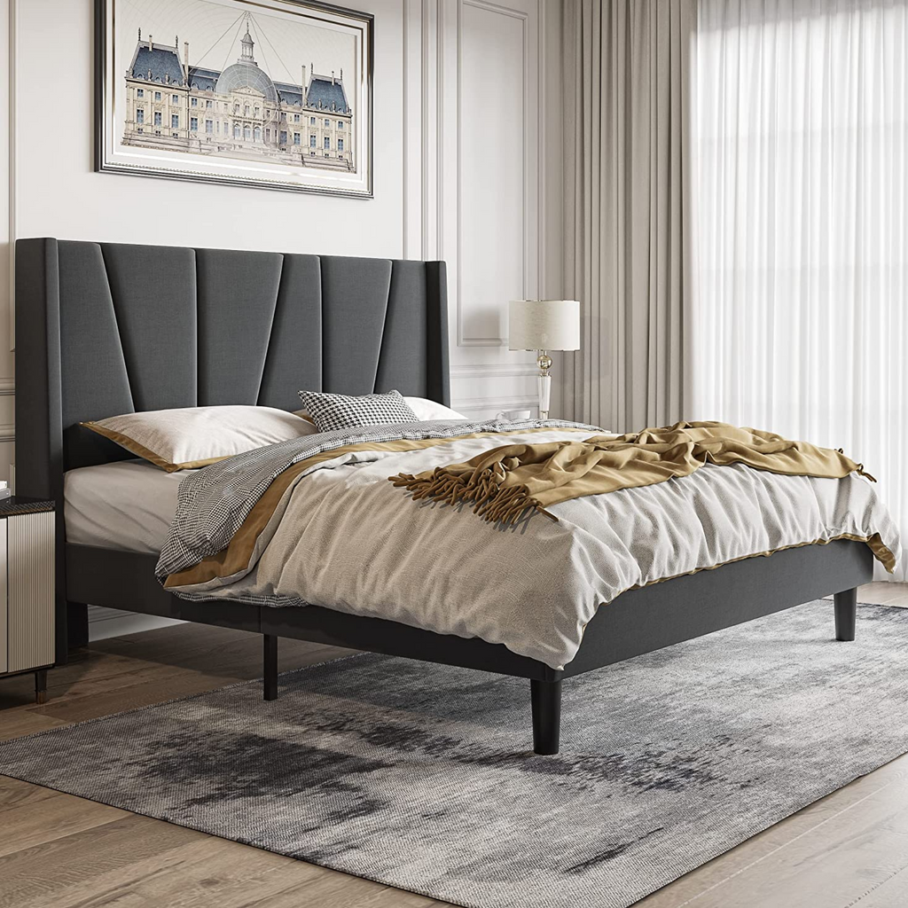 Beige or Grey Bed Frame with Geometric Headboard