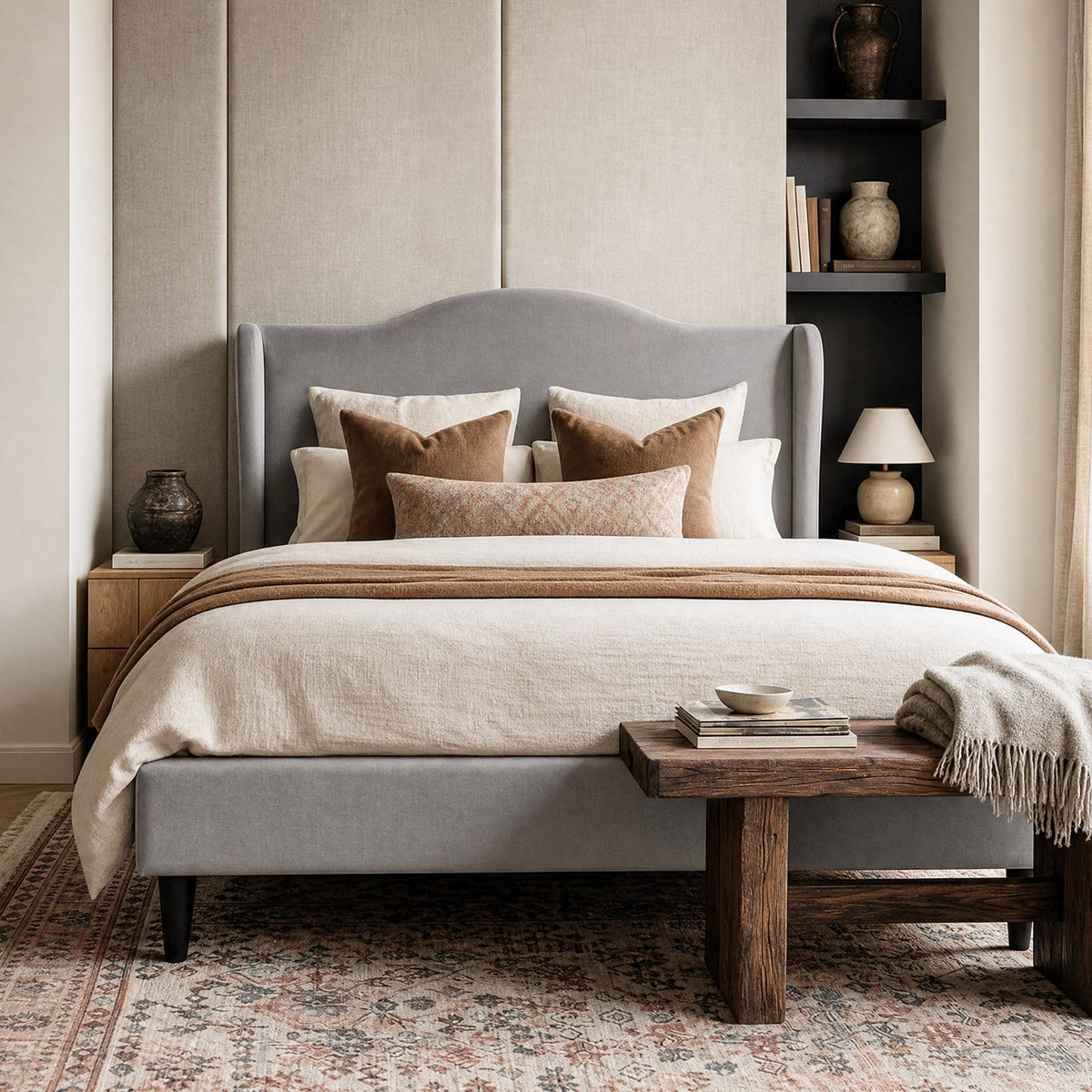 Velvet Platform Bed with 47 Inch Wingback Headboard