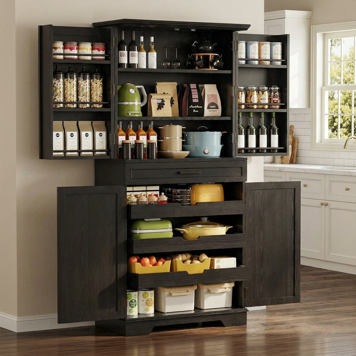 72 Inch Farmhouse Kitchen Pantry with 6 Hanging Shelves